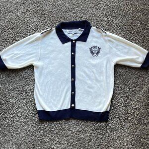 Vintage 80s Andrea Gayle Cardigan Sweater Women Small Blue Embroidered Crest